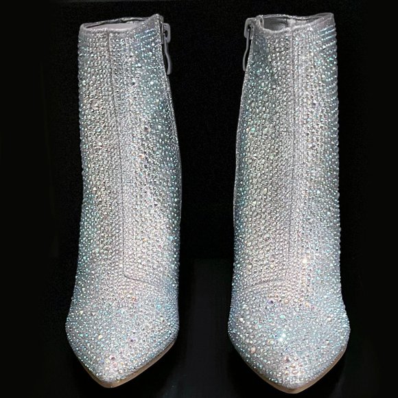 New Women Sparkle Silver Rhinestone Blingy Pointed Toe Ankle Boots Booties - Picture 4 of 4